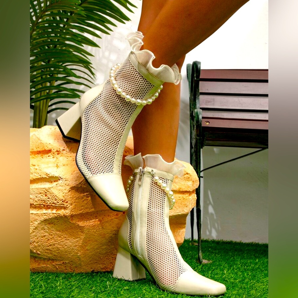 Faux Pearl Decor Mesh Panel Sandal Ankle Boot